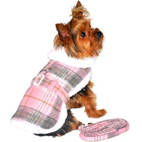 Sherpa-Lined Dog Harness Coat - Pink & White Plaid (size: X-Large)
